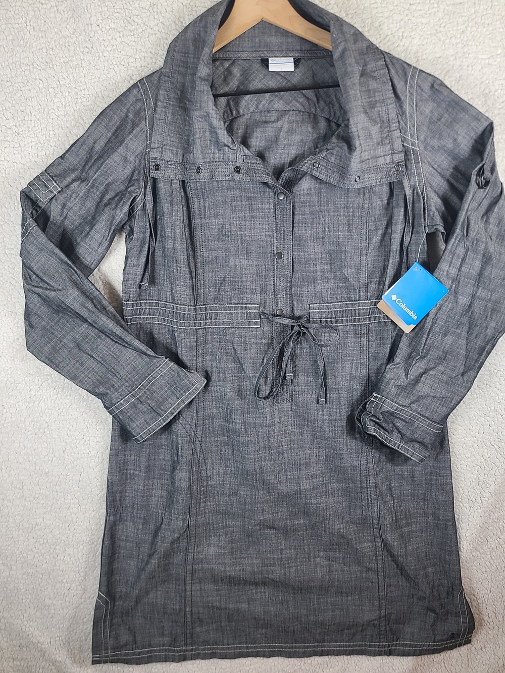 NWT Columbia High Tall Honey II Dress Womens Large Gray Chambray Roll Tab Shirt
